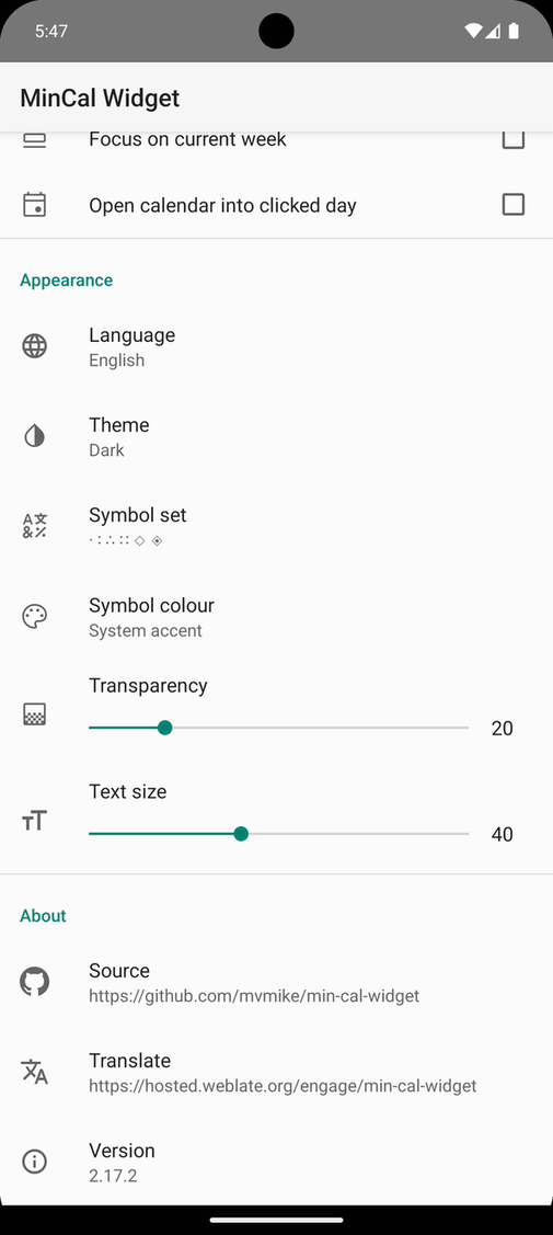 MinCal Widget screenshot