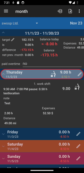 Working Time Account screenshot