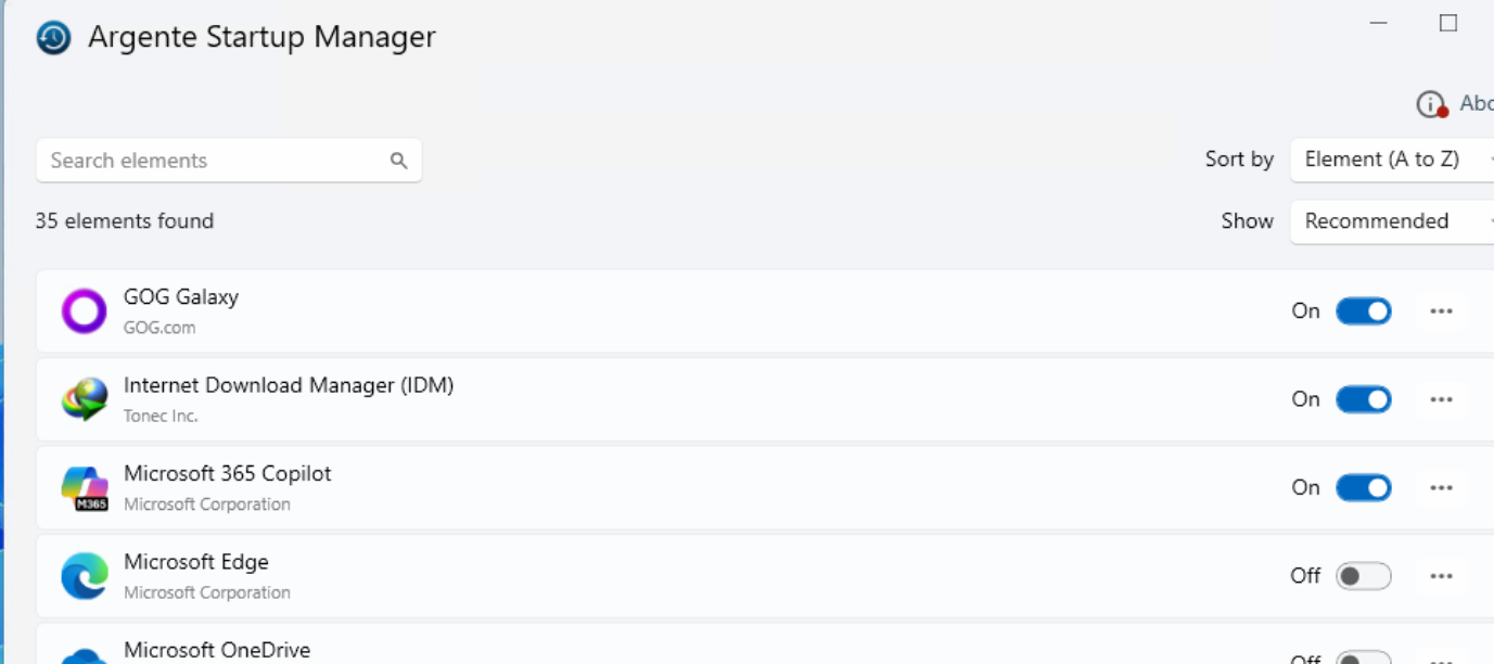 Argente StartUp Manager screenshot
