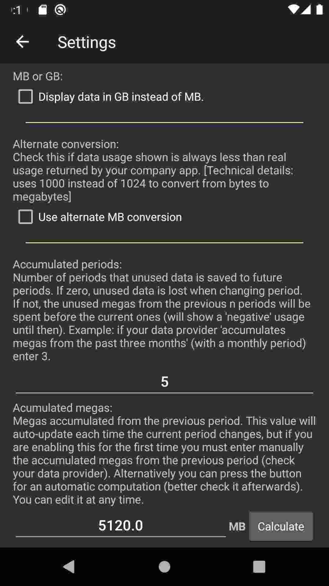 Average data usage widget screenshot