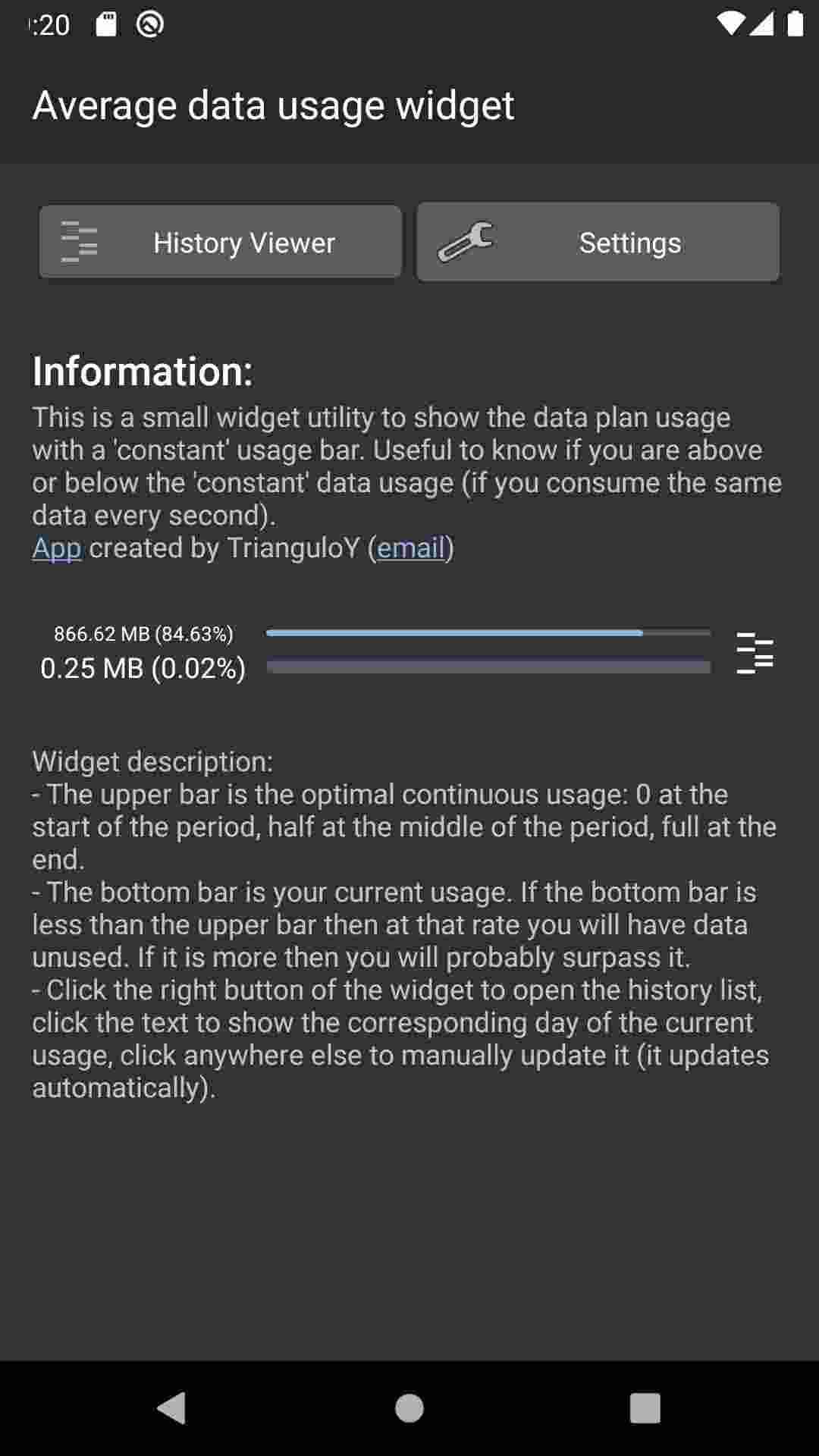 Average data usage widget screenshot