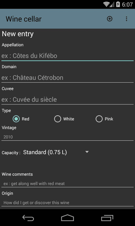Wine cellar screenshot